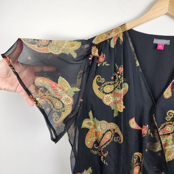 Vince Camuto Asymmetric Blouse Top Paisley Cinch Waist Lined Rich Black Size 2X - Picture 15 of 16